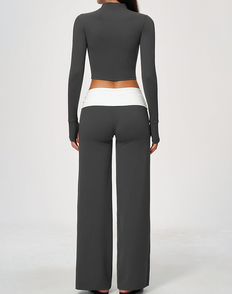 3 Piece Sports Bra Cropped Jacket and Fold Over Flare Pant
