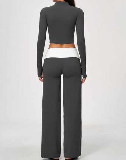 3 Piece Sports Bra Cropped Jacket and Fold Over Flare Pant