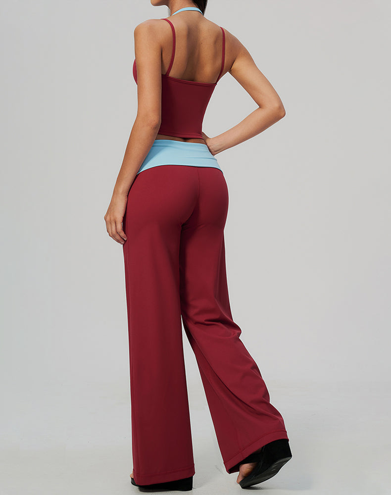 2 Piece Color Block Tank Top and Fold Over Flare Pant Sets