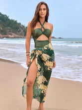 Halter One Piece Swimsuit with Leaf Print Cover Up Sarong Skirt