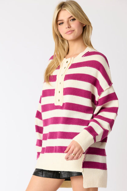 Long Sleeve Button Striped Pullover Sweater