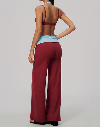 2 Piece Color Block Sports Bra and Fold Over Flare Pant Sets