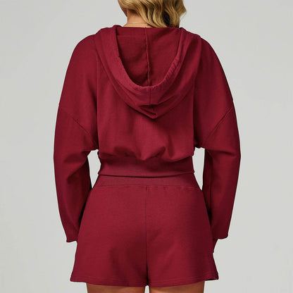 Long Sleeve Full Zip Up Crop Drawstring Hoodie Jacket