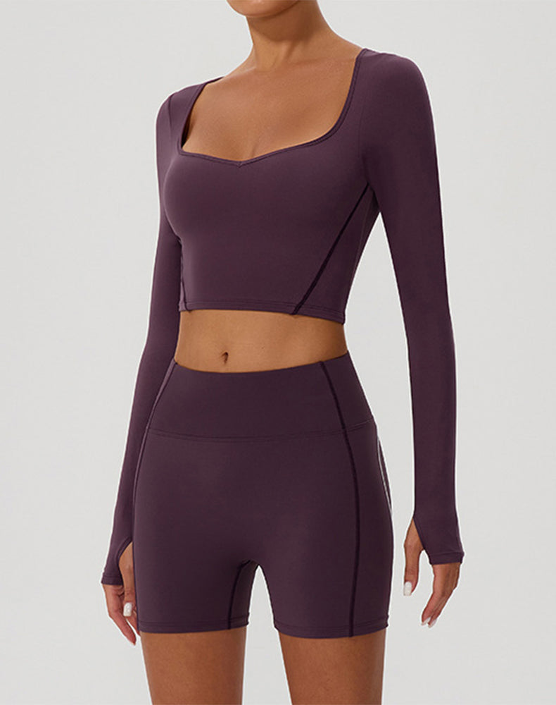 Solid Color Crop Top Yoga Long Sleeve V Neck T-Shirts