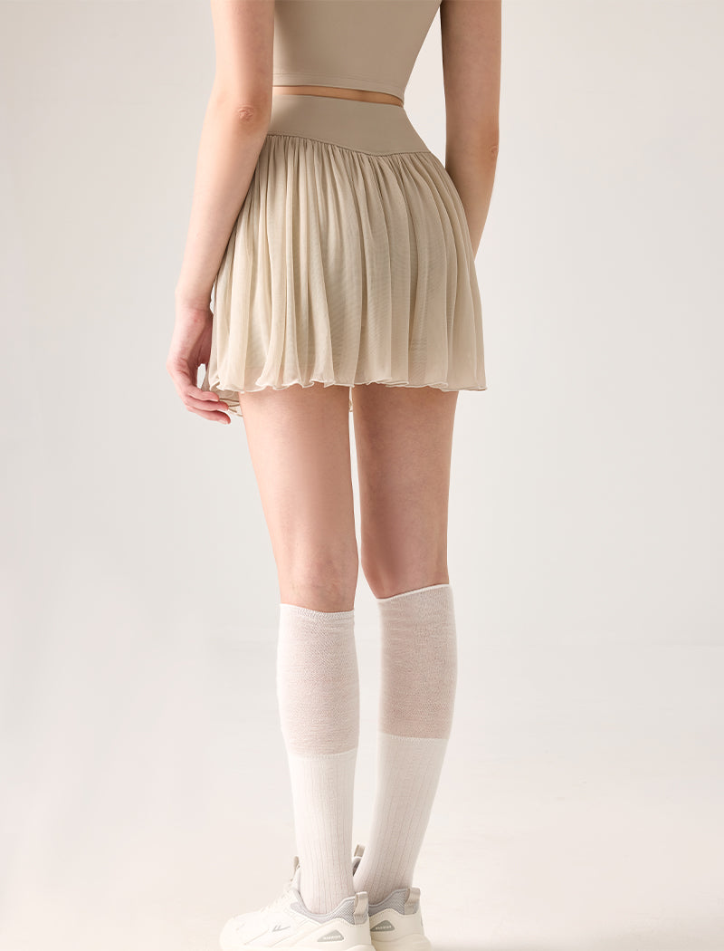 Mesh Sheer Pleated Skirt Tulle Skirt with Short and Pocket