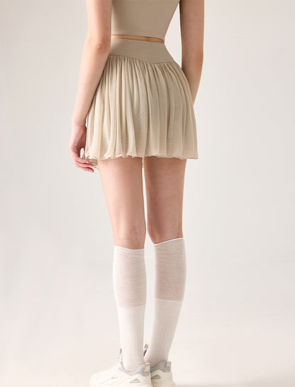 Mesh Sheer Pleated Skirt Tulle Skirt with Short and Pocket