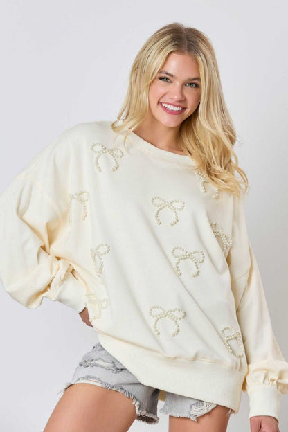 Pearl Bow Long Sleeve Sweatshirt | Ideal for Layering &amp; Everyday Wear