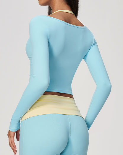 Faux Two Piece Color Block Long Sleeve Sports T-Shirts