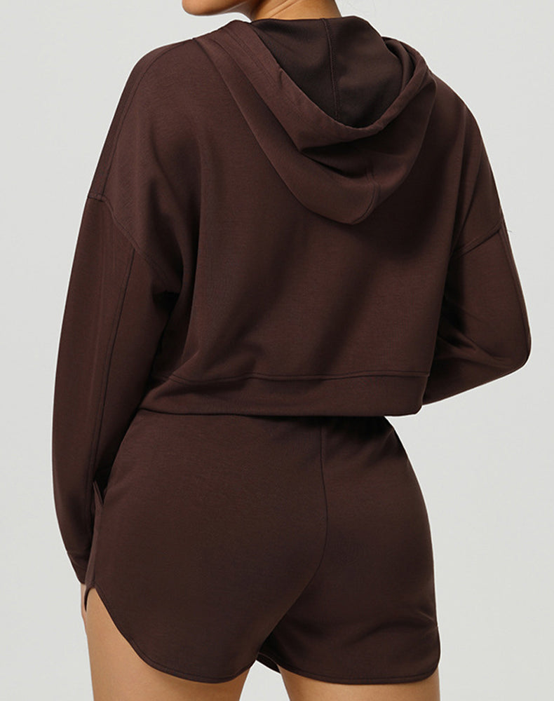 Long Sleeve Hooded Zip Up Casual Crop Coat with Pockets