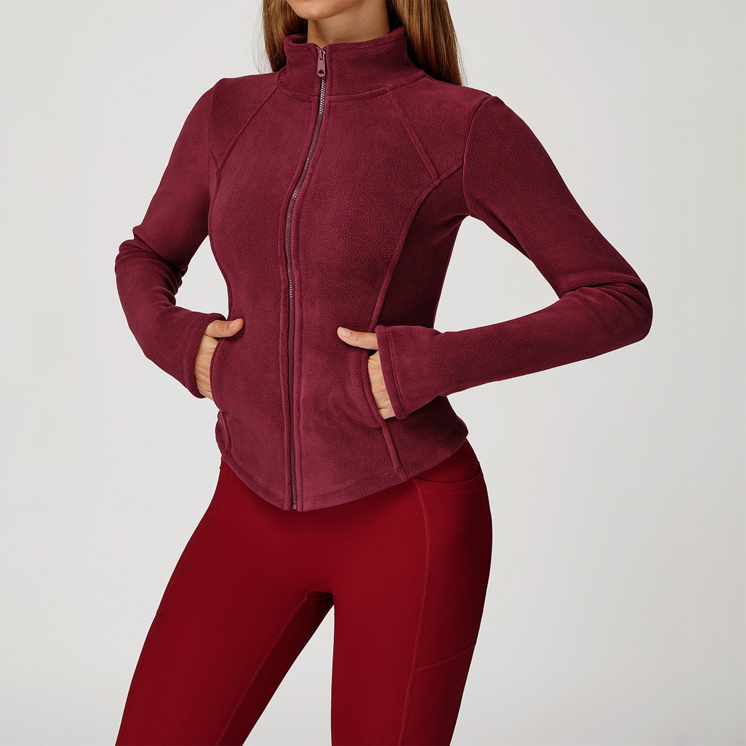 Full Zip Fleece Jacket Long Sleeve Coat with Pockets