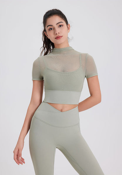 Mesh Fitness Crop T-Shirts with Built-in Chest Pad