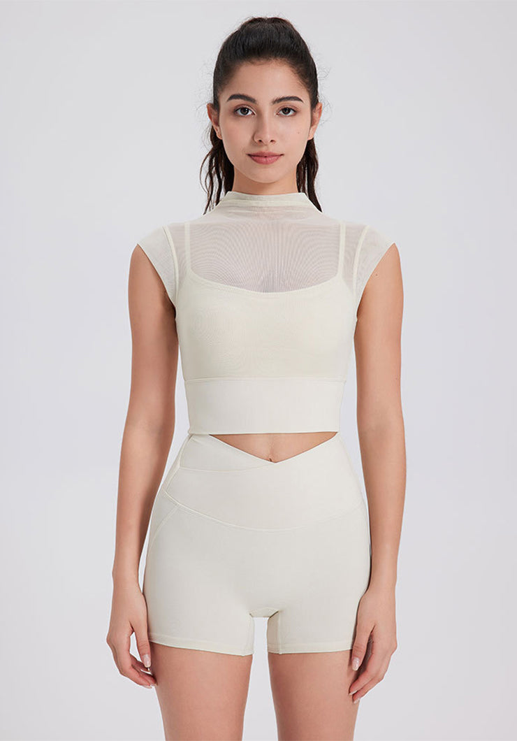 Mesh Yoga Crop T-Shirts with Built-in Chest Pad