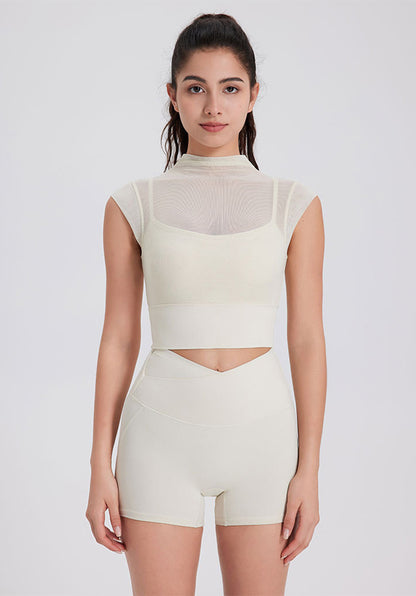 Mesh Yoga Crop T-Shirts with Built-in Chest Pad