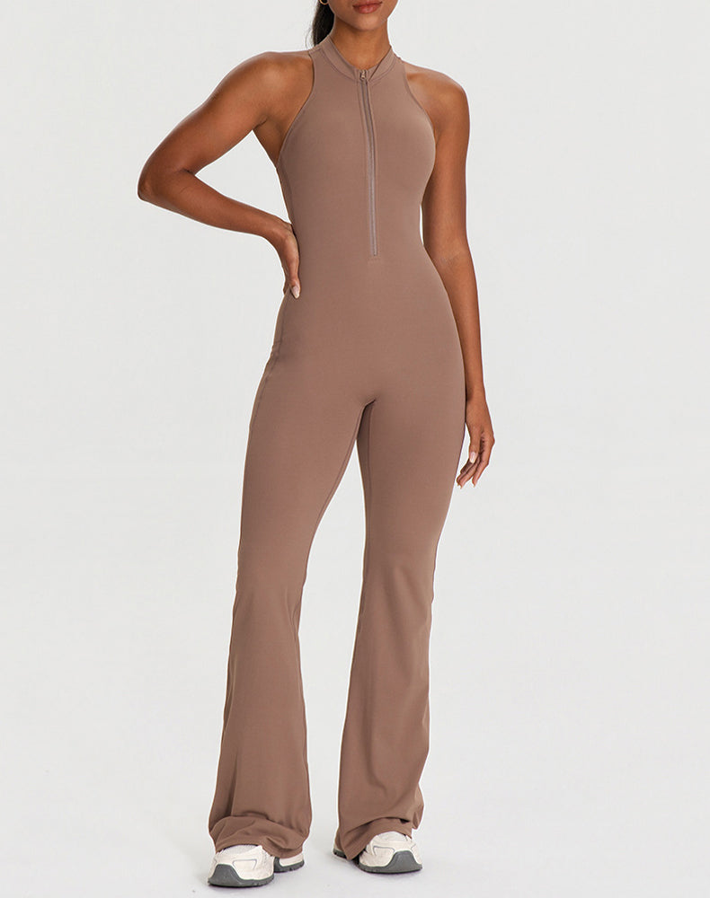 Zipper Racerback Yoga Bodysuit Flare Jumpsuit with Pockets