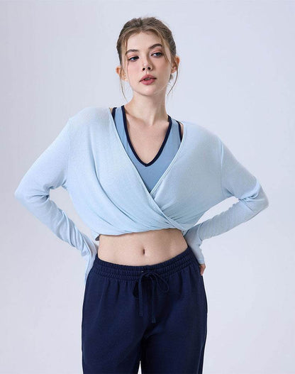 Long Sleeve Fake Two Piece Crop Top V Neck Yoga T-Shirt
