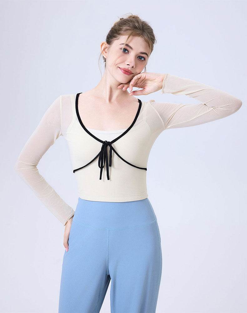 Faux Two Piece Long Sleeve Mesh Crop Top Tie Yoga T-Shirts