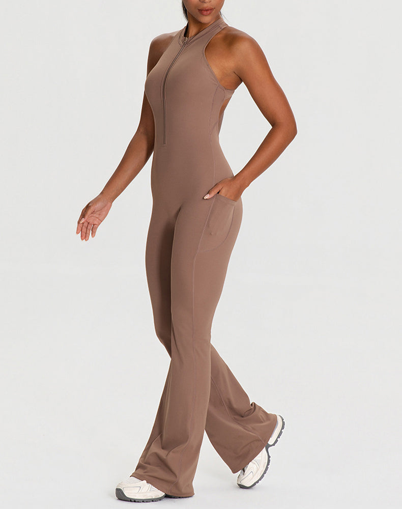 Zipper Racerback Yoga Bodysuit Flare Jumpsuit with Pockets