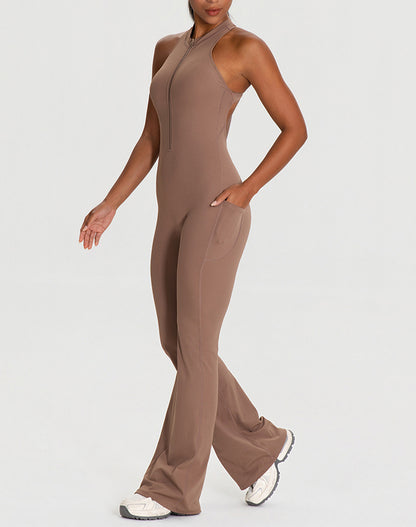 Zipper Racerback Yoga Bodysuit Flare Jumpsuit with Pockets