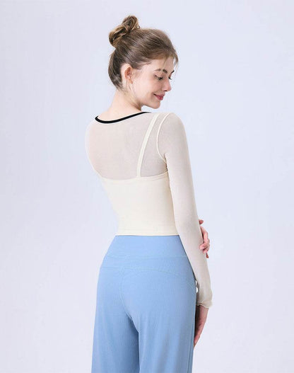 Faux Two Piece Long Sleeve Mesh Crop Top Tie Yoga T-Shirts