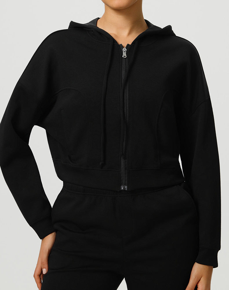 Long Sleeve Hooded Zip Up Casual Crop Coat with Pockets
