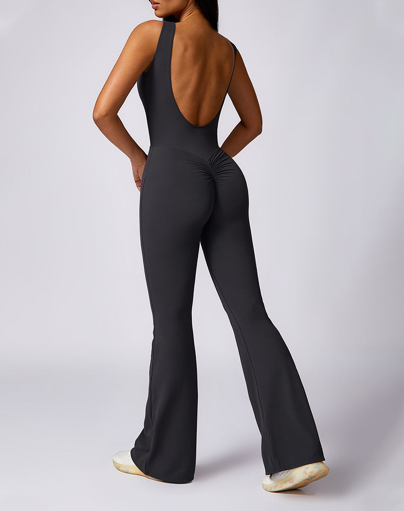 Backless Yoga Flare Jumpsuit Sleeveless Workout Romper