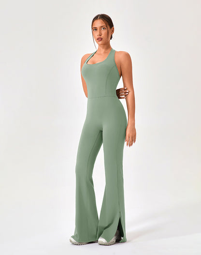 Halter Neck Flare Jumpsuit One Piece Side Split Yoga Rompers
