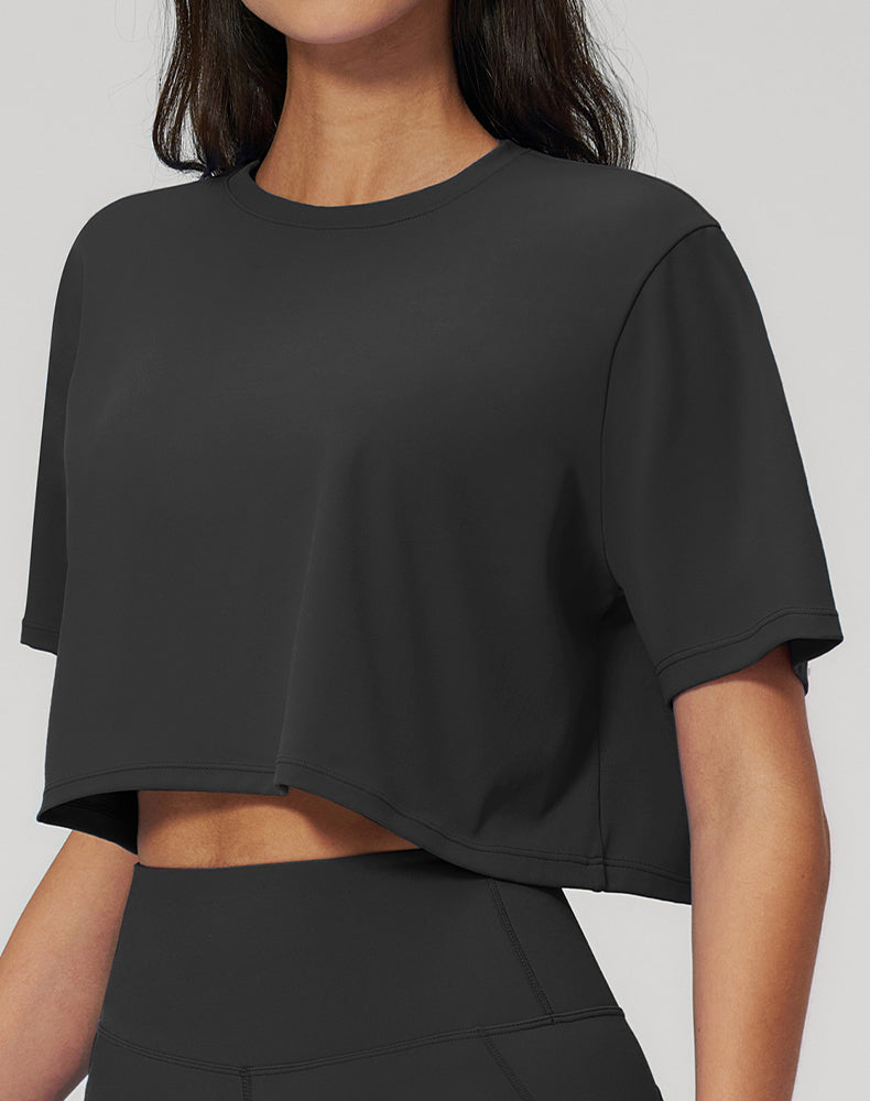 Short Sleeve Crop Tops Round Neck T-Shirts Loose Fit Blouse