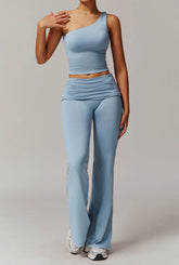 Active Wear Set with One Shoulder Knot Design Tank Top and Flare Pants