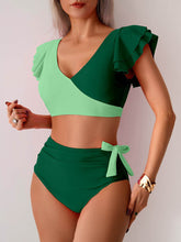 Ruffled Sleeves Color Block Bikini Sets