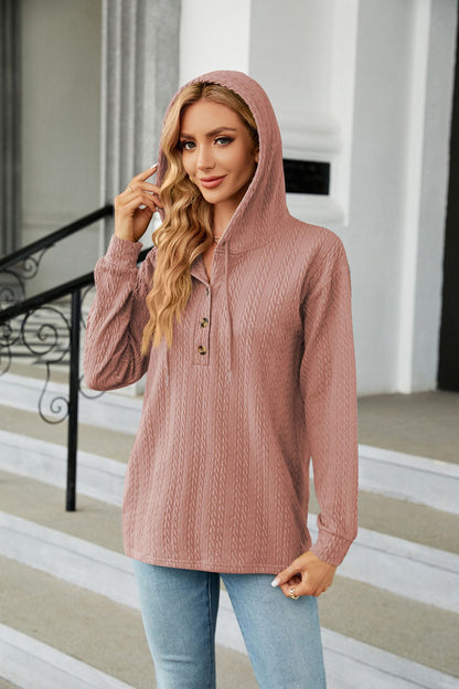 Button Hooded Sweatshirt Loose Long Sleeve Casual Tops