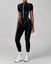 Three Dimensional Line Sports Backless Short Sleeve Jumpsuit