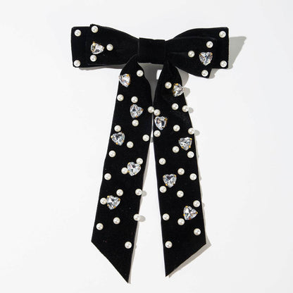 Velvet Bow Hair Clip with Heart Shaped Diamond and Pearls