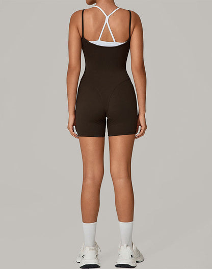Fake Two Piece Short Bodysuit One Piece Athletic Jumpsuit