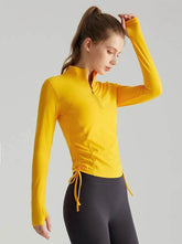 Long Sleeve Standing Collar Fitness T-Shirt With Drawstring
