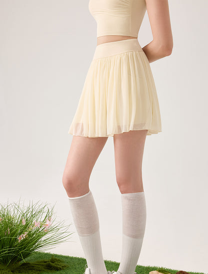 Mesh Sheer Pleated Skirt Tulle Skirt with Short and Pocket