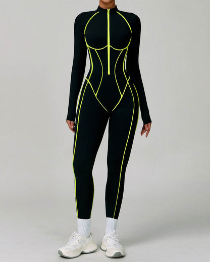 Three Dimensional Line Sports Backless Long Sleeve Jumpsuit