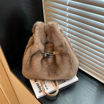 Fuzzy Shoulder Handbag Fluffy Plush Bucket Crossbody Bag