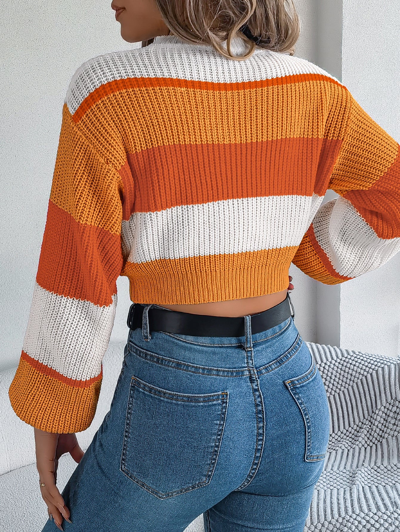 Colorblock Lantern Sleeve Crop Pullovers Sweater