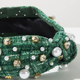 Classic Tweed Fabric Knotted Headband with Pearl and Rhinestone