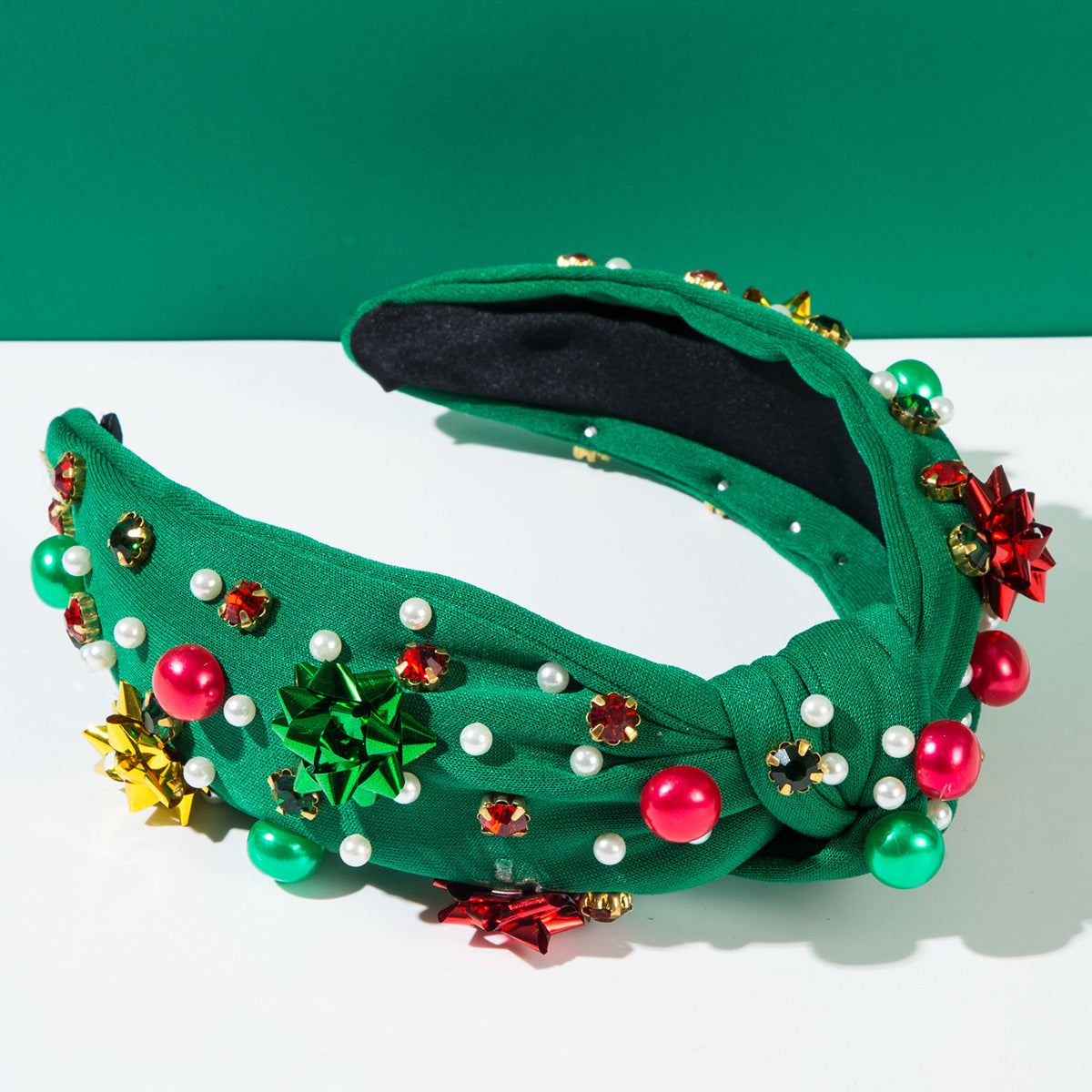 Christmas Knotted Headband with Embellished Crystals and Pearls | Christmas Glam