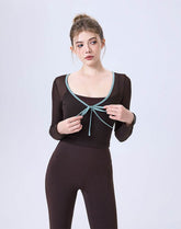 Faux Two Piece Long Sleeve Mesh Crop Top Tie Yoga T-Shirts