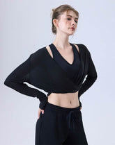 Long Sleeve Fake Two Piece Crop Top V Neck Yoga T-Shirt