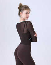 Faux Two Piece Long Sleeve Mesh Crop Top Tie Yoga T-Shirts