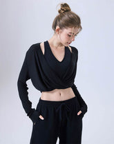 Long Sleeve Fake Two Piece Crop Top V Neck Yoga T-Shirt