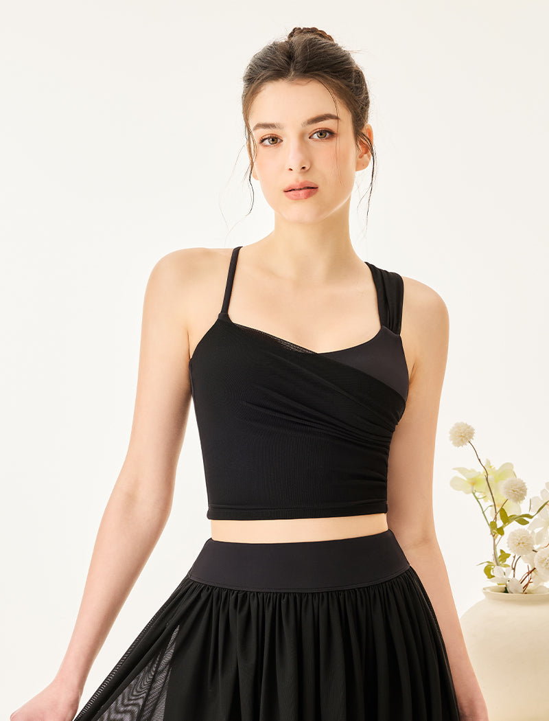 Asymmetrical Shoulder Straps Mesh Tank Top Criss Cross Shirt