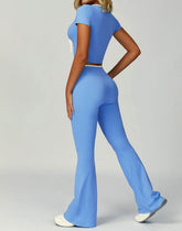 2 Pieces Activewear Set with Bow Crop Tops and Flare Pants