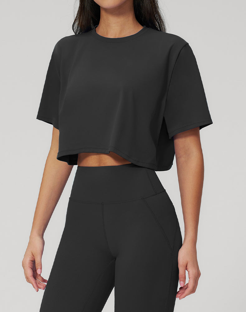 Short Sleeve Crop Tops Round Neck T-Shirts Loose Fit Blouse