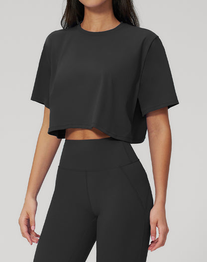 Short Sleeve Crop Tops Round Neck T-Shirts Loose Fit Blouse