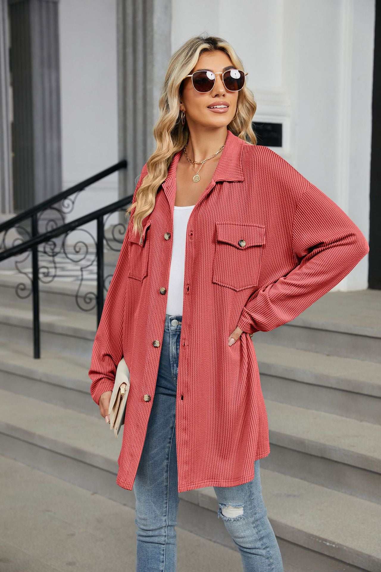 Casual Long Sleeve Jacket with Chest Pockets| Ideal for Layering