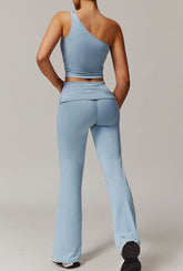 Active Wear Set with One Shoulder Knot Design Tank Top and Flare Pants